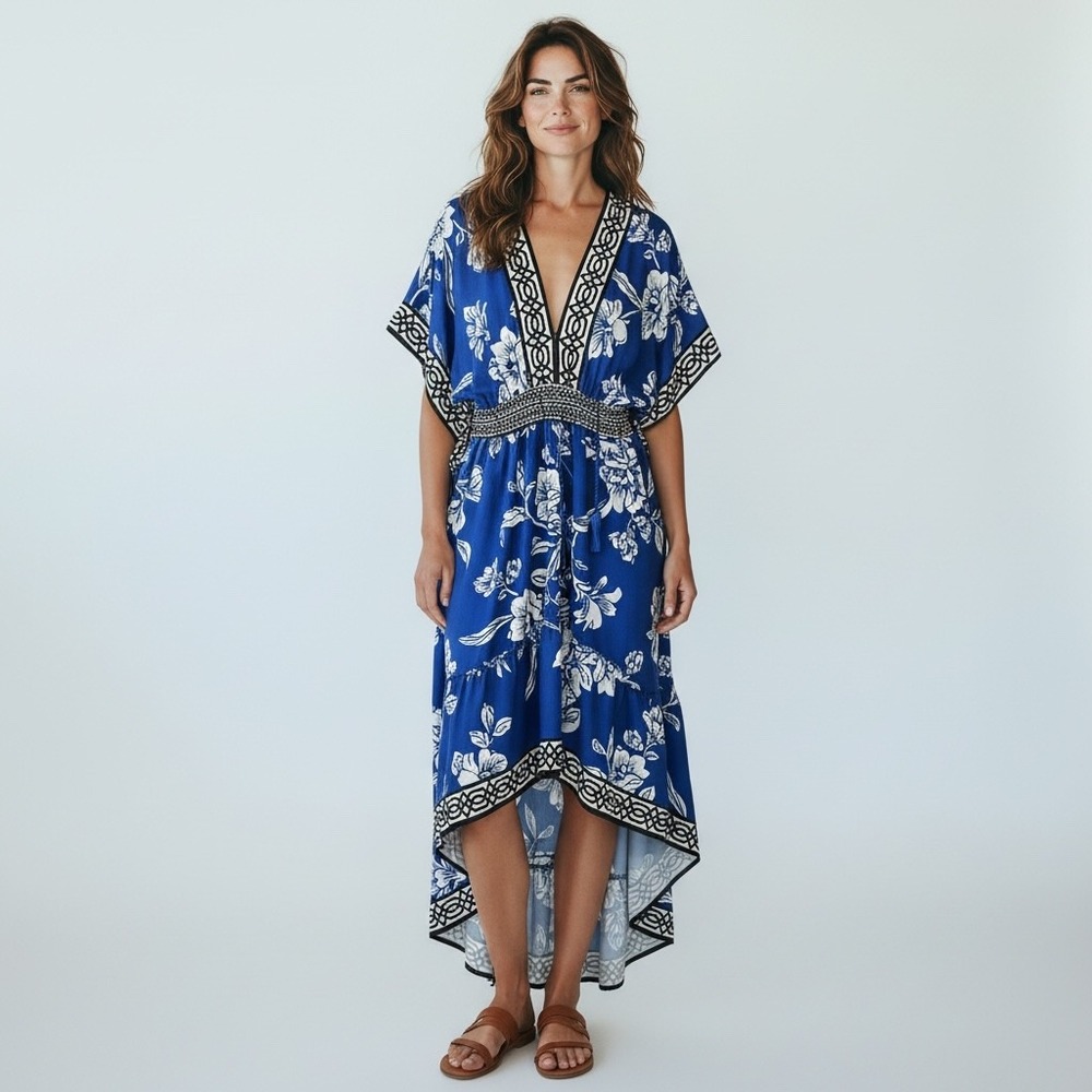 Flying Tomato Blue Floral High Low Maxi Dress Kimono Sleeve Smocked Waist Small